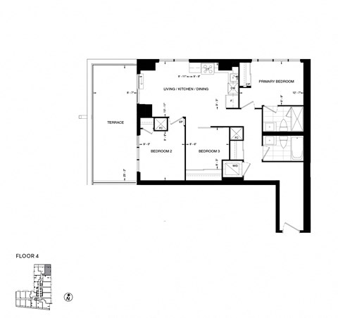 Floor plan for 3 beds, 2 baths, 880 sqft